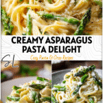 Bowl of creamy Asparagus Ricotta Pasta with asparagus spears and ricotta garnish on a white plate.